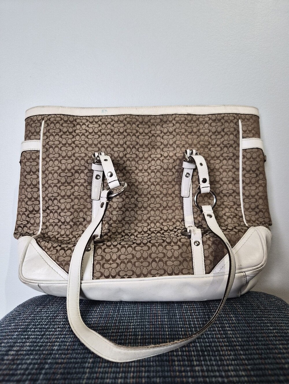 Coach New York Small Monogram Brown & White Leather Evening Bag | Size Large